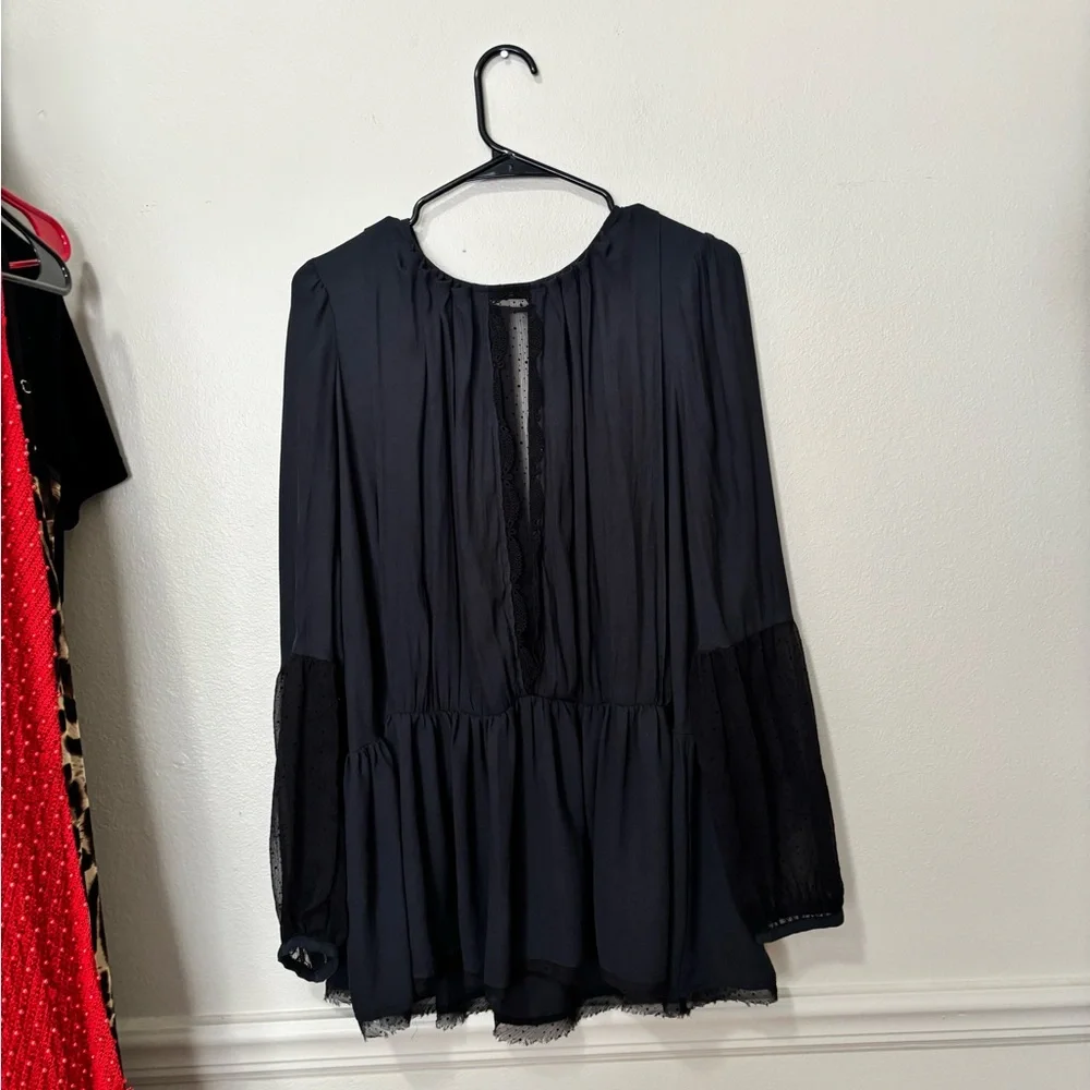 Black Sheer Sleeve Peplum Blouse - Women Tops - Picture 2 of 5